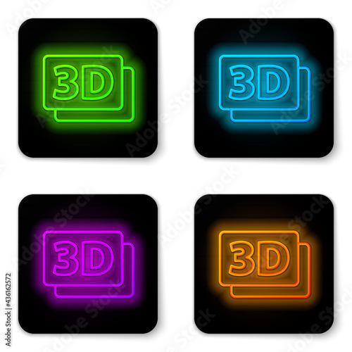 Glowing neon line 3D word icon isolated on white background. Black square button. Vector