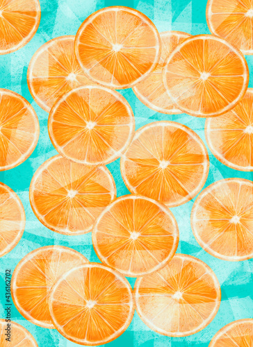 Vertical pattern citrus slice orange  on blue background  stock illustration for design and decor  print  template  banner
