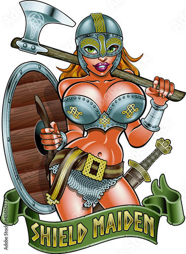 female viking warrior with armor, shield and weapons