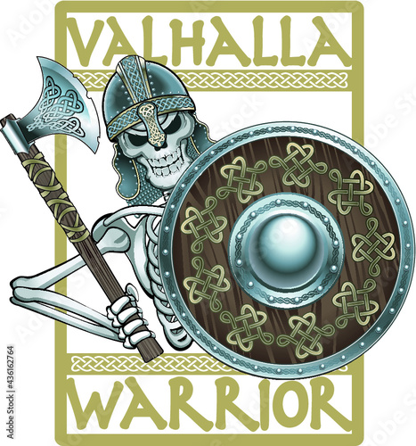 viking skeleton with helmet, axe and shield