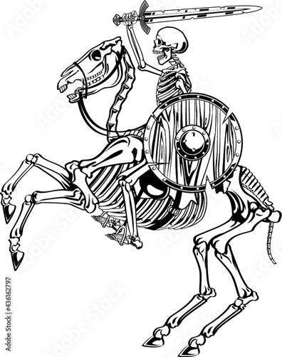 skeleton warrior with sword and shield riding skeleton horse