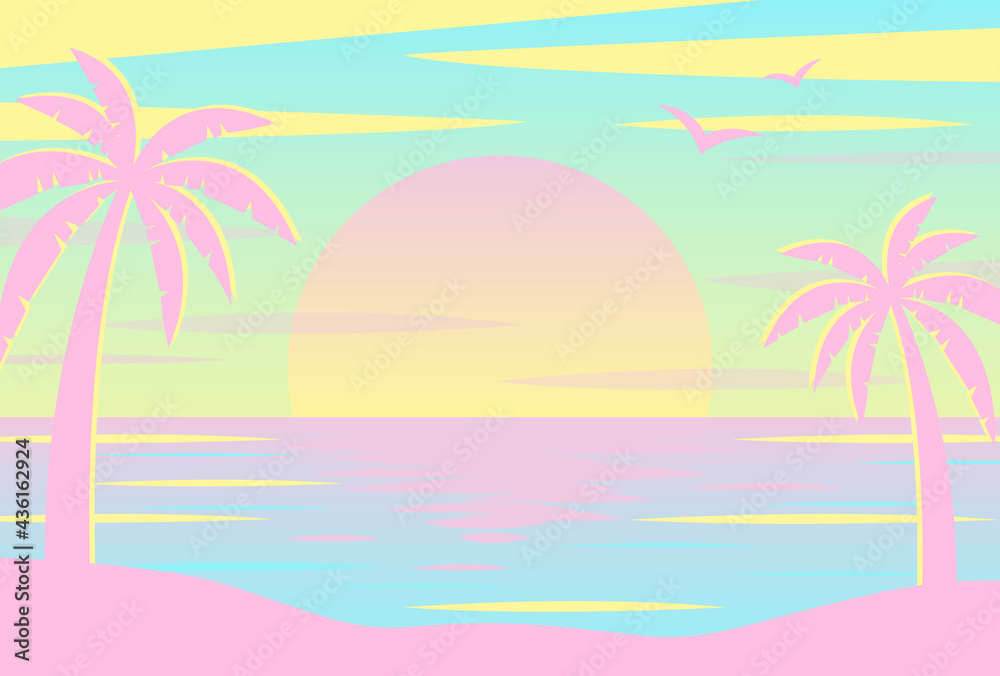 vector background with sunset on the beach with palms for banners, cards, flyers, social media wallpapers, etc.