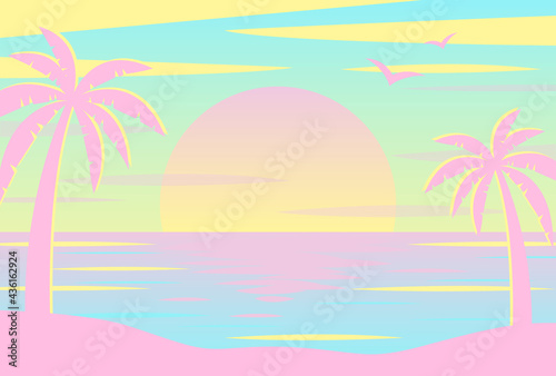 vector background with sunset on the beach with palms for banners, cards, flyers, social media wallpapers, etc.