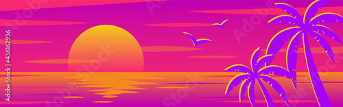 vector background with sunset on the beach with palms for banners, cards, flyers, social media wallpapers, etc.
