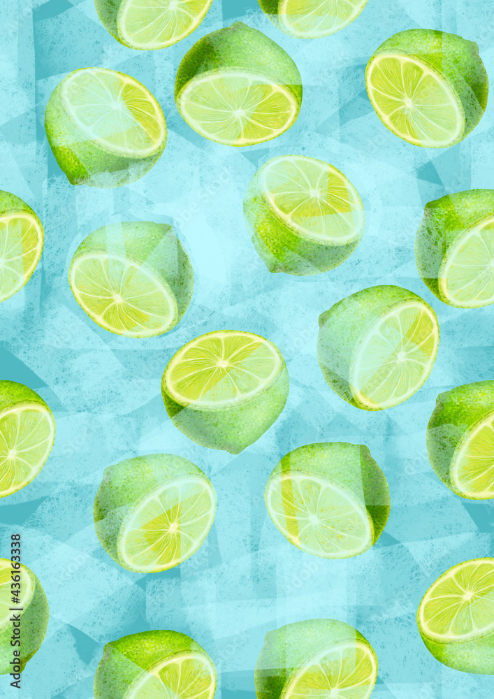 Vertical pattern with half lime on blue background, stock illustration for decor design, print, banner, poster