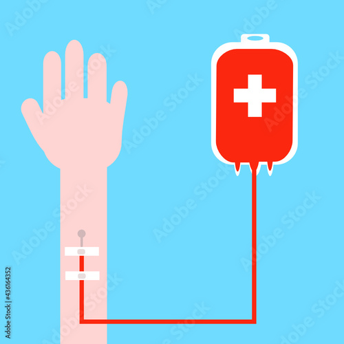 Donate blood concept.Donation bag and hand.World blood donor day.Sign, symbol or logo isolated.Banner flat design.Save life concept.Medical background.Poster vector illustration.