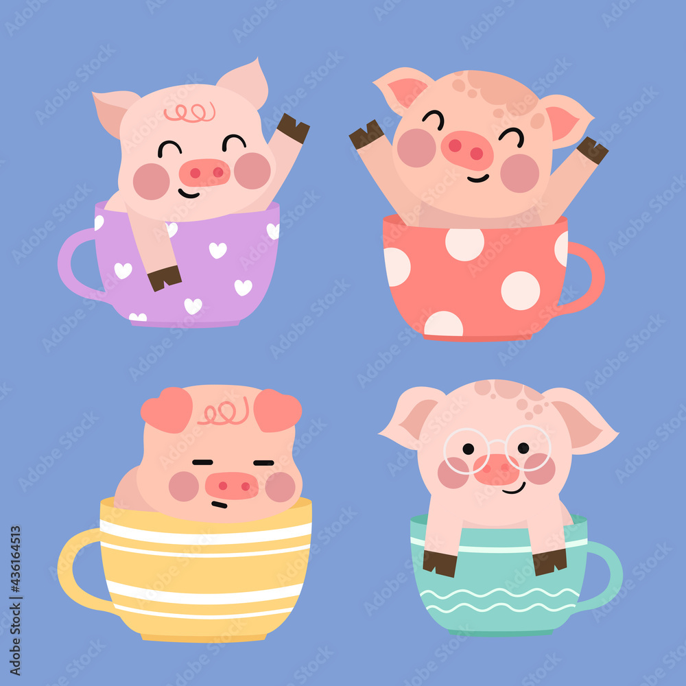 Cute pig in the coffee cup cartoon illustration Cute pig in the coffee cup cartoon illustration
