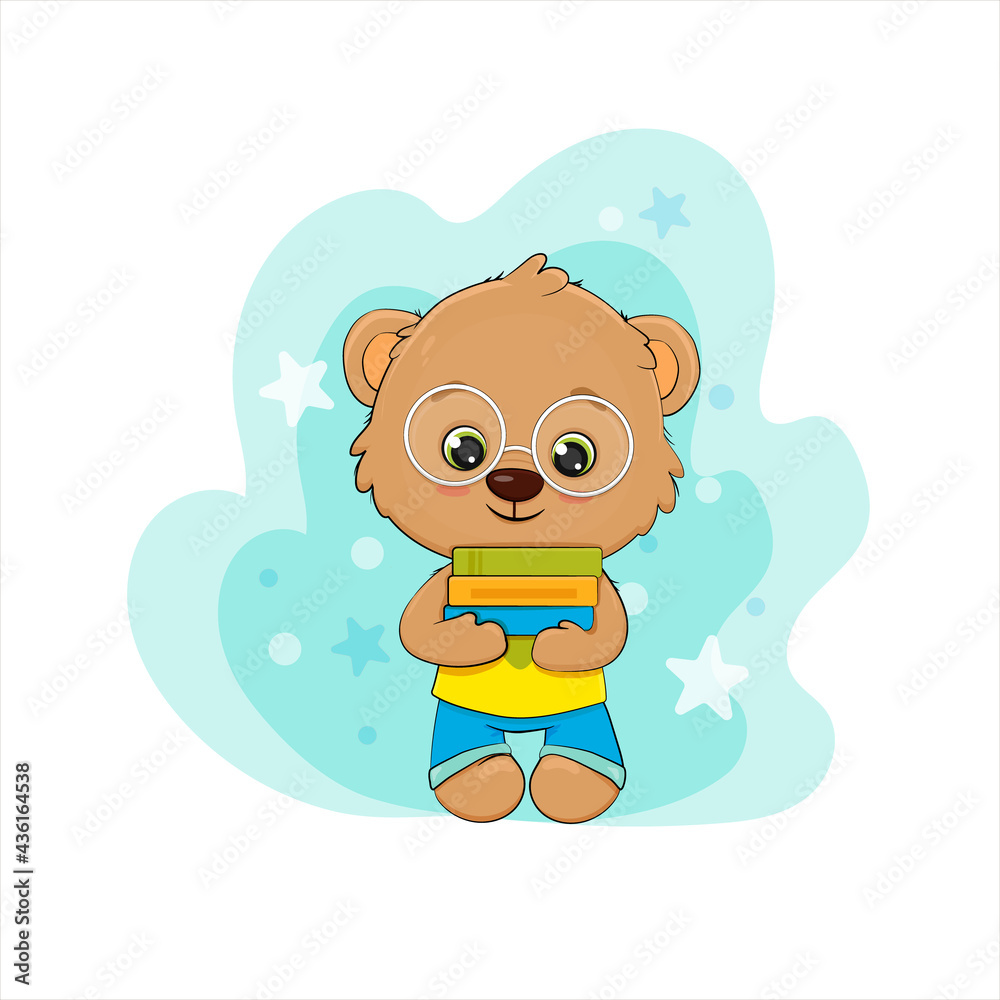 Fototapeta premium Cute cartoon teddy bear with books 