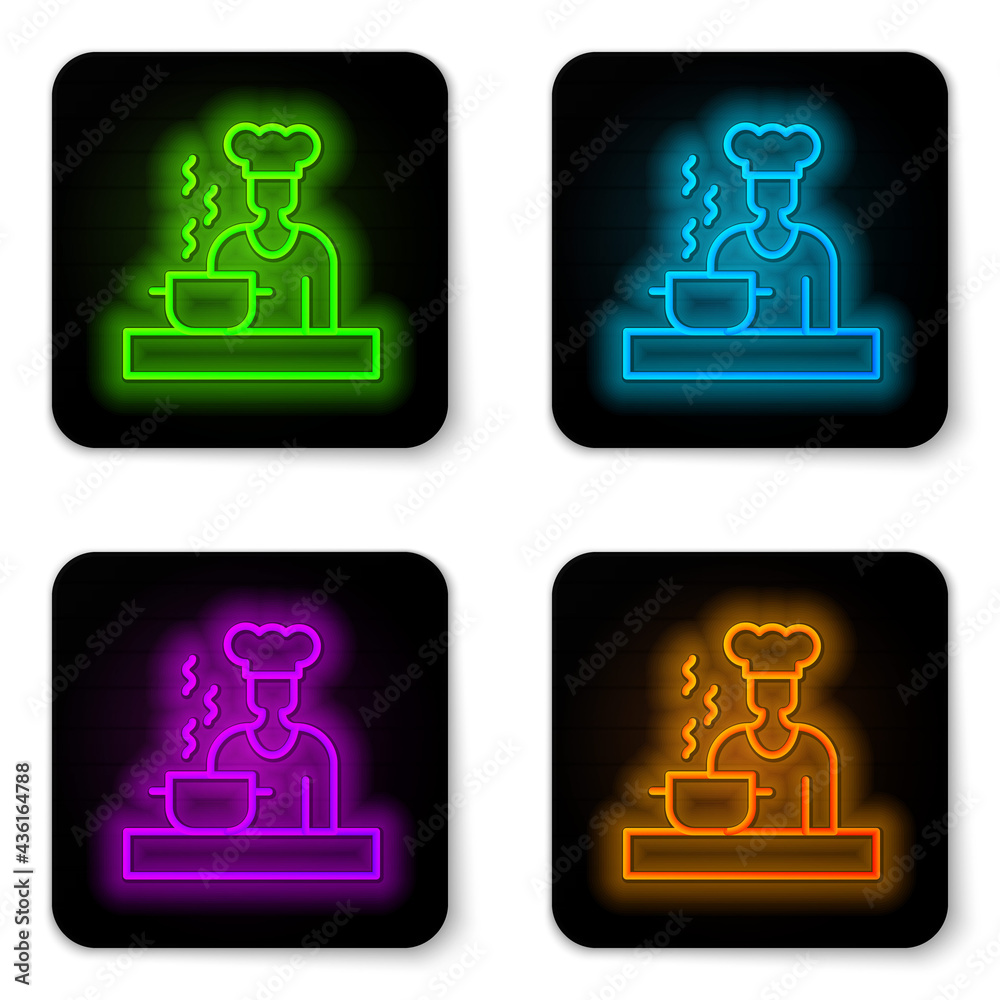 Glowing neon line Spanish cook icon isolated on white background. Black square button. Vector Glowing neon line Spanish cook icon isolated on white background. Black square button. Vector