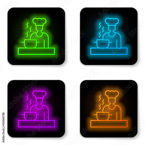 Glowing neon line Spanish cook icon isolated on white background. Black square button. Vector