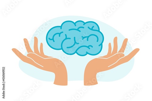 Human hands hold human brain. Mental health treatment. Psychology, emotion and psychotherapy concept. World mental health day.Vector illustration for learning, problem solving, trainings, courses.