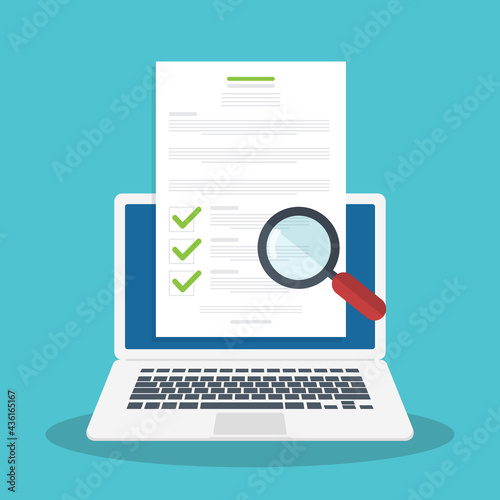 Online digital document inspection or assessment evaluation on laptop computer, contract review, analysis, inspection of agreement contract, compliance verification. Vector illustration	