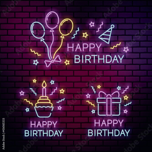 Set of neon happy birthday vector illustration 