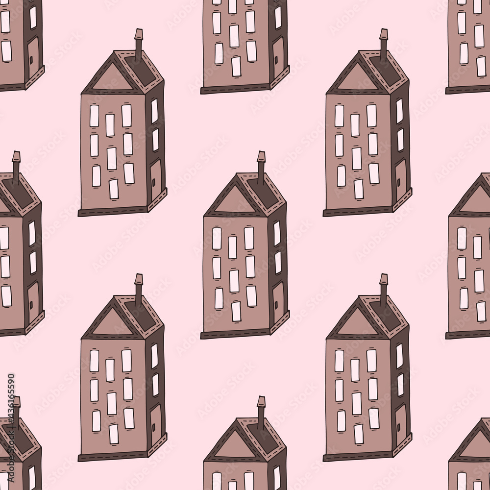 Pattern with cozy houses, pastel colors pattern with doodle house, coffee color palette pattern, hand-drawn tall buildings, cozy cottage vector seamless pattern