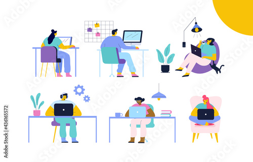 Working at home, coworking space flat vector illustration.