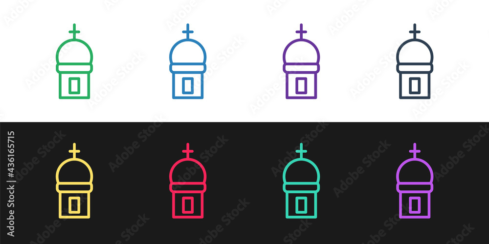 Set line Christian church tower icon isolated on black and white background. Religion of church. Vector Set line Christian church tower icon isolated on black and white background. Religion of church. Vector