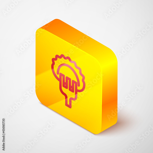 Isometric line Dumplings on fork icon isolated on grey background. Pierogi, varenyky, pelmeni, ravioli. Traditional Ukrainian food. Yellow square button. Vector