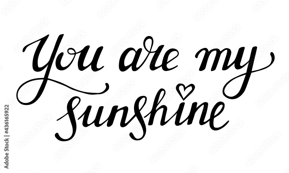 You are my sunshine. Hand drawn lettering phrase. Compliment declaration of love. Black calligraphic text for valentines day card. Stock vector illustration isolated on white background.