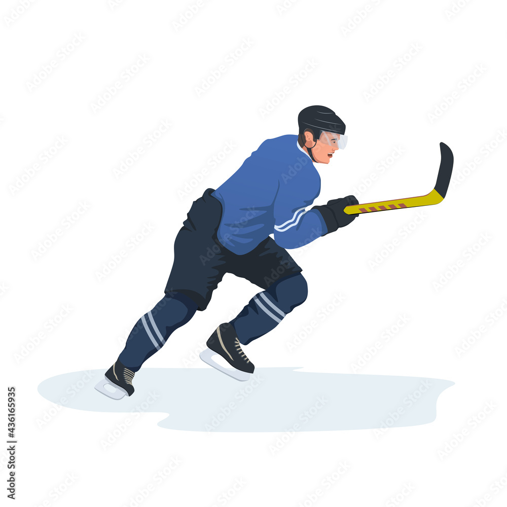 Fototapeta premium Ice hockey player in protective sportswear and helmet with a hockey stick on skates.