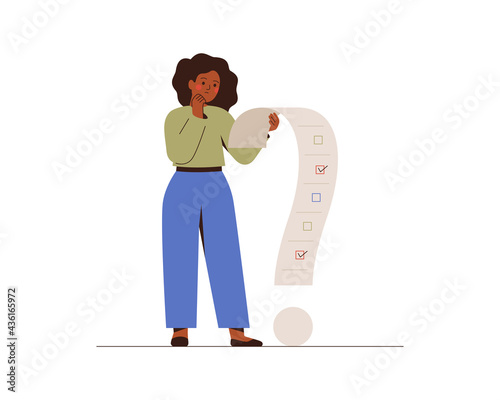 Businesswoman solves difficult problems. Black female employee woman manages conflicting tasks in a project. Girl holds list in the shape of a question mark. Proper time management concept. Vector