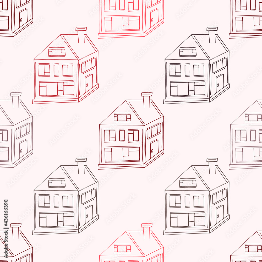 Cozy houses pattern, doodle houses pattern, colorful houses background, hand-drawn wrapping paper, cozy cottage vector seamless pattern
