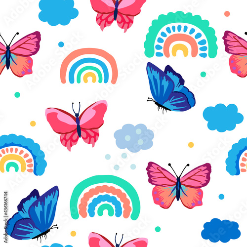 Seamless pattern with hand drawn rainbows and bright butterflies. Kids texture for fabric, wrapping, textile, wallpaper. Cartoon Vector Illustration.