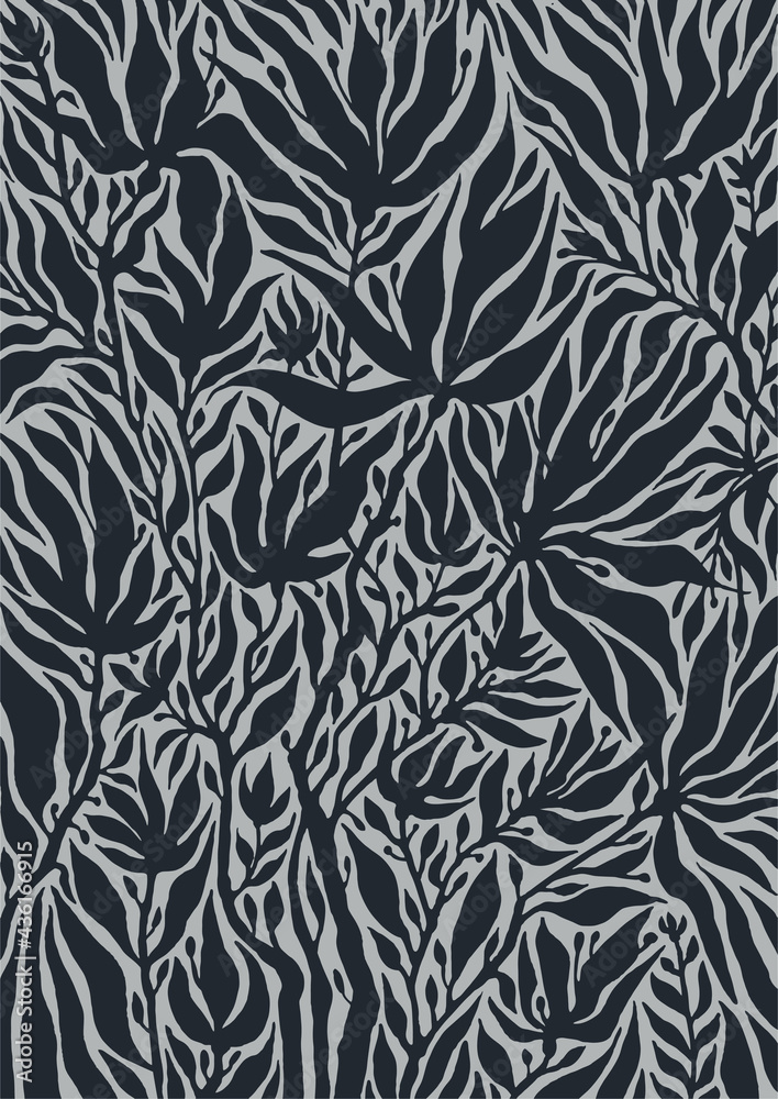 Floral pattern. Black and white background with silhouettes of flowers and leaves. Silhouette drawing, hand drawn. Vector illustration Floral pattern. Black and white background with silhouettes of flowers and leaves. Silhouette drawing, hand drawn. Vector illustration