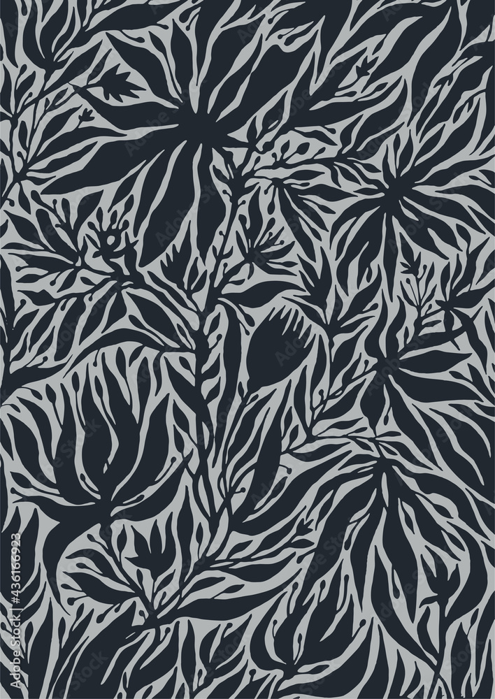 Floral pattern. Black and white background with silhouettes of flowers and leaves. Silhouette drawing, hand drawn. Vector illustration Floral pattern. Black and white background with silhouettes of flowers and leaves. Silhouette drawing, hand drawn. Vector illustration