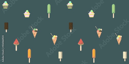 Seamless pattern with ice creams on green background. For textile, book cover, print, wallpaper, wrapping paper, packaging. Vector pattern.