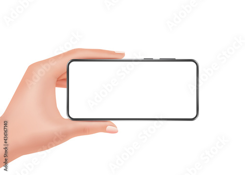 woman hand holding smartphone on a white background And free space on the smartphone,vetor 3d isolated white backgroun for advertising design
