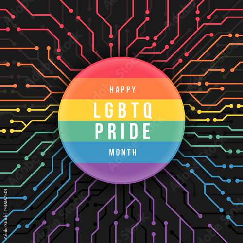 Happy LGBTQ pride month text in circle rainbow flag with Electric Circuit Line Art around on dark background vector design