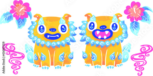 沖縄　二体のシーサーのイラスト　ハイビスカス
