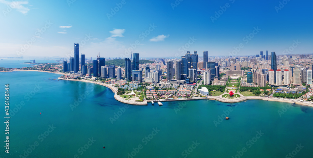 Aerial photography of architectural landscape skyline along Qingdao urban coastline