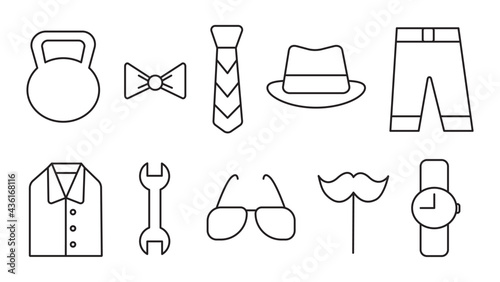 Father's day icons set isolated on white. Men's Accessories. Vector illustration.