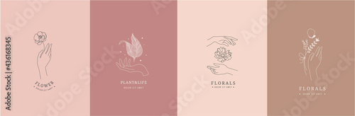 Vector set of Female hands gestures collection of line art hand drawn style illustrations. Hands holding flowers, plants. Floral logos, line icons, branding.
