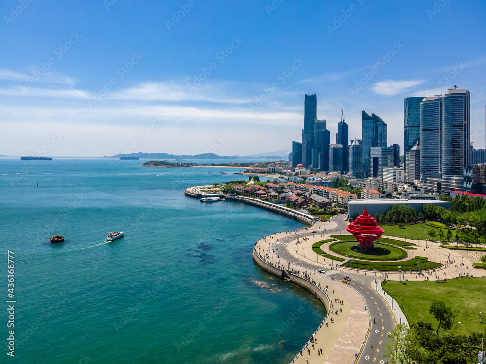 Aerial photography of architectural landscape skyline along Qingdao urban coastline Aerial photography of architectural landscape skyline along Qingdao urban coastline