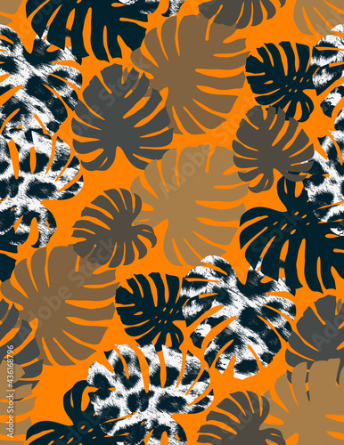Colorful Animal Textured Tropical Leaves Seamless Pattern Trendy Fashion Colors Pretty Concept