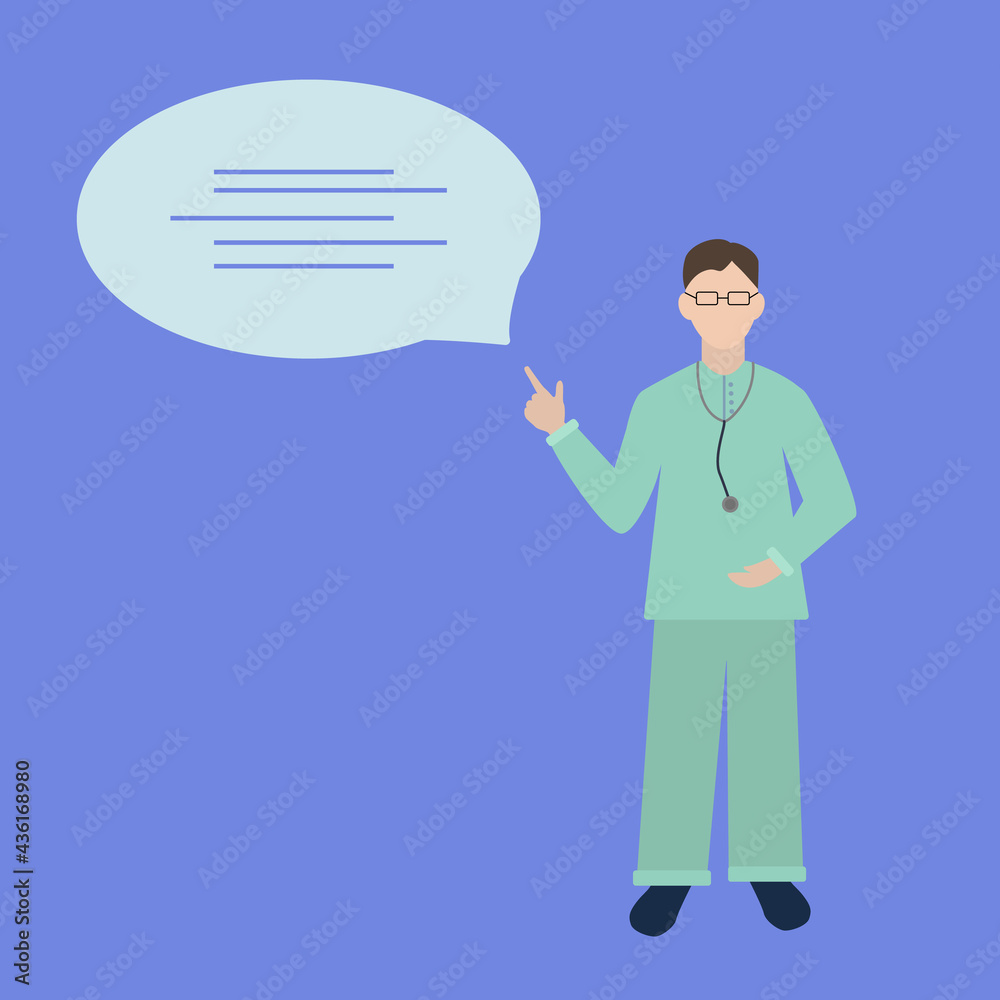 Doctor with a stethoscope. Doctor presenting information, pointing finger upwards.Cartoon doctor. Vector illustration. Doctor with a stethoscope. Doctor presenting information, pointing finger upwards.Cartoon doctor. Vector illustration.