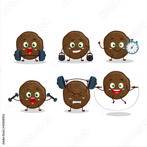 A healthy chocolate cookies cartoon style trying some tools on Fitness center