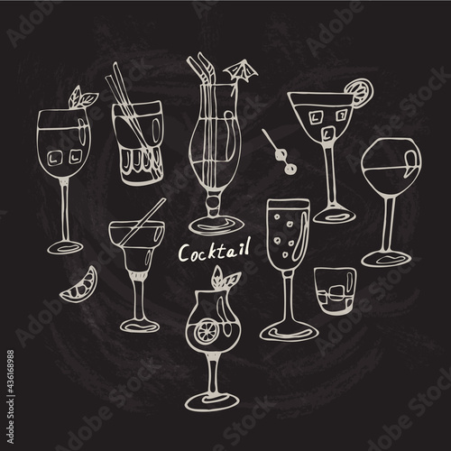 Set of alcoholic cocktails or drinks. Isolated black and white wine glasses in sketch style. Hand drawing. Vector illustration