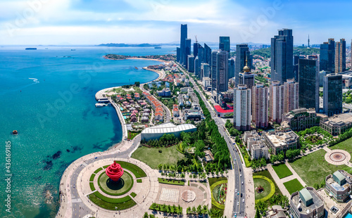 Aerial photography of architectural landscape skyline along Qingdao urban coastline
