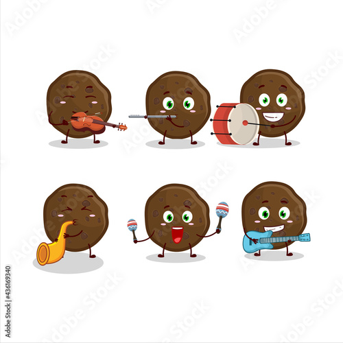 Cartoon character of chocolate cookies playing some musical instruments