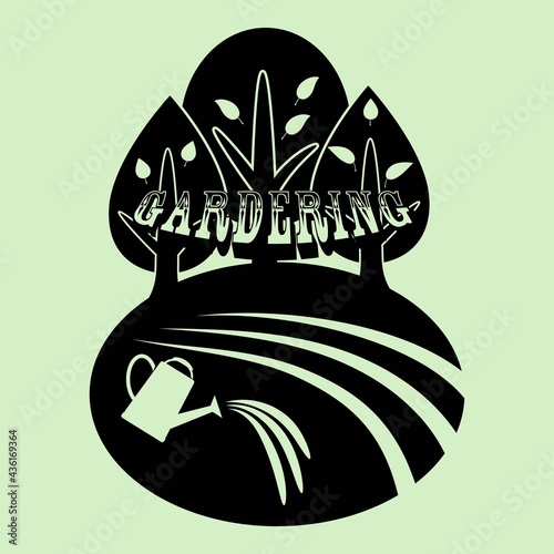 Vector silhouette of gardering sign poster logo with the trees, farm fields and water is pouring from the watering can. Trendy Gardering concept logo vector stencils.