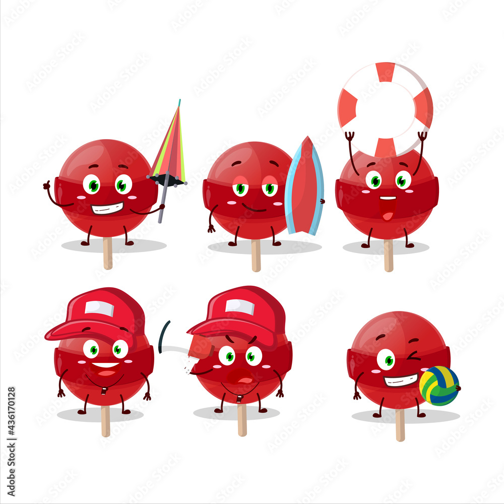Happy Face red lolipop cartoon character playing on a beach
