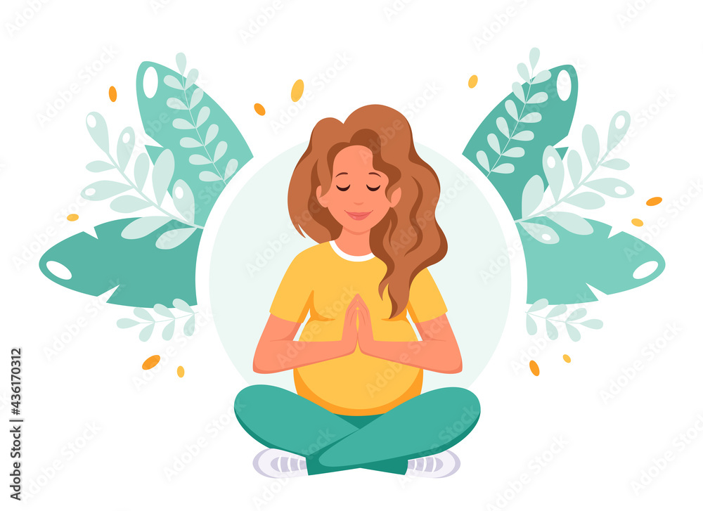 Pregnant woman meditating in lotus pose. Healthy pregnancy concept. Vector illustration