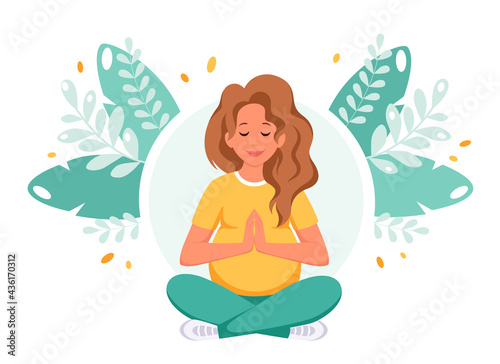 Pregnant woman meditating in lotus pose. Healthy pregnancy concept. Vector illustration