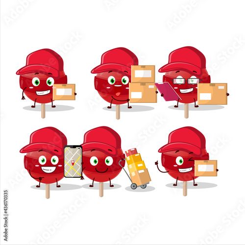 Cartoon character design of red lolipop working as a courier