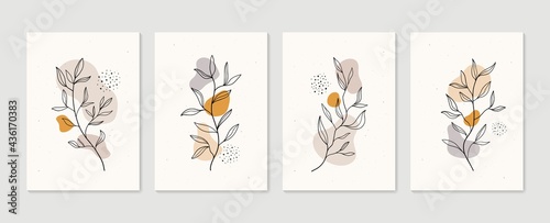 Botanical wall art vector set. Minimal and natural wall art. Boho foliage line art drawing with abstract shape. Abstract Plant Art design for print, wallpaper, cover. Modern vector illustration.