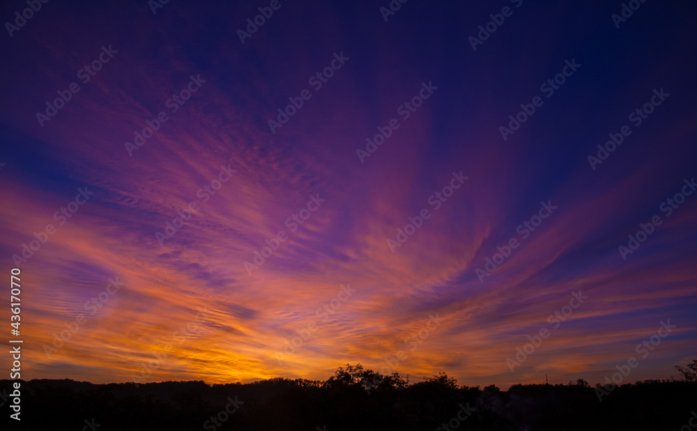Beautiful sunset. A fiery yellow glow from the sky above the horizon at sunset, with treetops visible on the horizon.