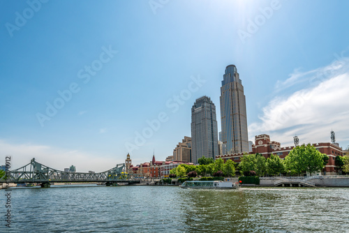 Street View of modern architecture along Haihe River in Tianjin